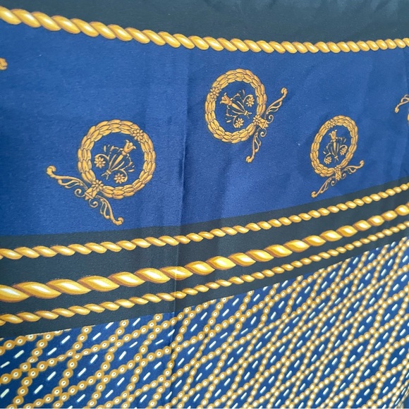 Vintage Berkshire Made in Italy Scarf | Navy Gold Tassel Print Square - Picture 5 of 7